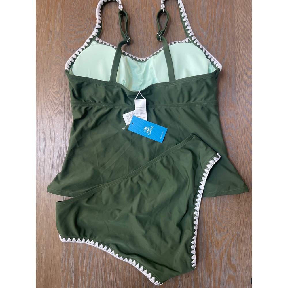 Cupshe Olive Green Scallop Trim Tankini Set Ruched Swimsuit - Picture 3 of 4